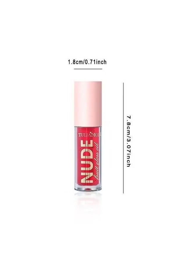 NUDE Hydrating Lip Glow Oil Plumping Lip Tint, Hydrating Lip Gloss Tinted Lip Balm Transparent Lip Care, Long Lasting Moisturizing Non-sticky Fresh Shiny Texture Lip Oil - Strawberry - Image 5
